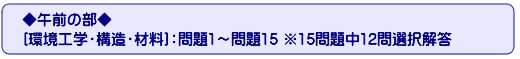 ◆午前の部◆[環境工学・構造・材料]：問題1～問題15 ※15問題中12問選択解答